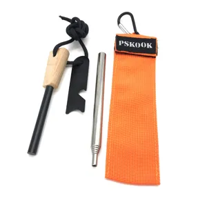 Outdoor survival fire starter kit with wooden handle flint magnesium rod and portable blow tube