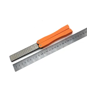 Portable folding diamond knife sharpener with orange handle and 400 grit double-sided whetstone.