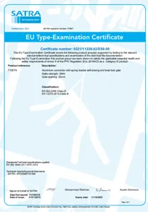 Επίσημο πιστοποιητικό εξέτασης τύπου ΕΕ για αλουμινένιο καραμπίνερ αναρρίχησης.