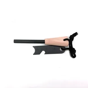 Outdoor wooden handle magnesium fire starter survival tool with multi-function scraper.