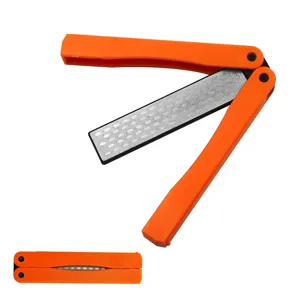 Double-sided folding pocket knife sharpener, portable outdoor kitchen sharpening tool orange.