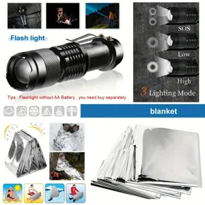 Detalle de equipo de supervivencia con linterna LED multi-modo y manta de emergencia.