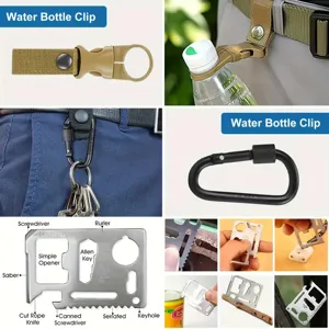 Kit de supervivencia multiherramienta con clip para botella mosquetón y tarjeta.