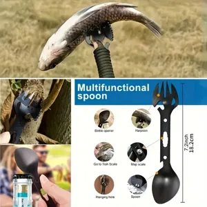 Herramienta multifuncional de supervivencia al aire libre con abridor de botellas y arpón.
