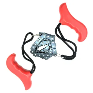 Portable pocket chainsaw for outdoor survival, featuring dual red handles and steel wire saw.