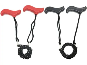 Close up details of portable pocket chain saw with T-handle for outdoor survival and cutting.