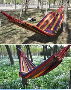 Outdoor canvas striped hammock detail shot, perfect for camping, relaxation, and backyard leisure use.