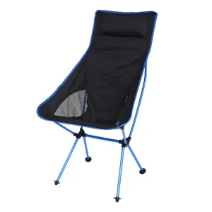 Portable folding camping moon chair with comfortable headrest and lightweight aluminum frame.