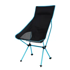 Outdoor folding moon chair with high backrest and headrest, portable camping aluminum chair.