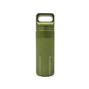 Detail shot of portable outdoor EDC aluminum alloy sealed storage canister with knurled grip.