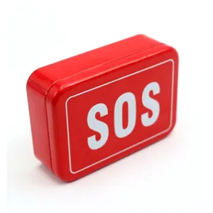 Red metal SOS emergency survival gear box container for outdoor car safety equipment.