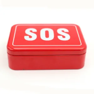 Detailed view of the red metal emergency survival box with white SOS text imprint.