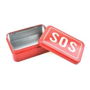 Red metal emergency survival tin box detail view, portable outdoor first aid storage case.