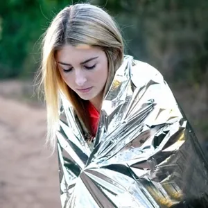 Emergency survival thermal space blanket, Mylar reflective foil for outdoor camping and hiking.