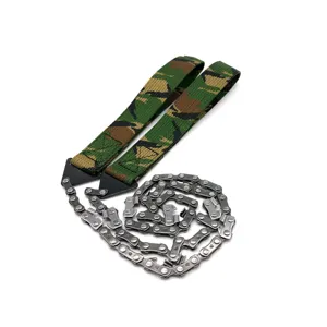 Dettaglio della motosega da tasca portatile con cinghie mimetiche e maglie in acciaio.