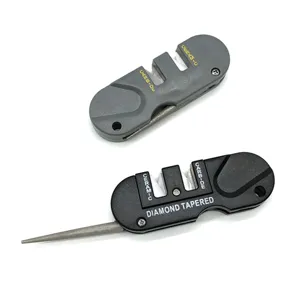 Portable pocket EDC knife sharpener tool with carbide ceramic stones and diamond tapered rod.