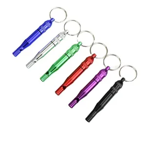 Aluminum alloy survival whistle with waterproof container and key ring, outdoor gear, 6 pack.