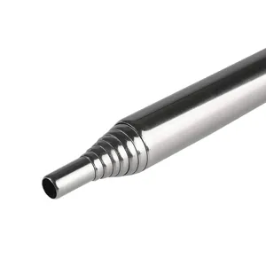 Detail view of the telescopic stainless steel fire bellow, portable camping tool segment close-up.