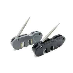 Portable EDC pocket knife sharpener with diamond rod, ceramic and carbide slots for outdoor use.