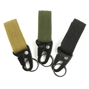 Outdoor tactical keychain with D-shaped carabiner, durable nylon webbing, lightweight design.