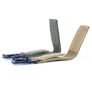 Outdoor tactical webbing keychain with metal D-ring carabiner in green and khaki colors.