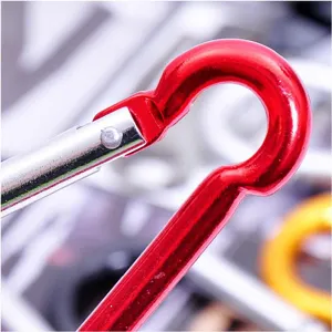 Detail van rode aluminium karabijnhaak, close-up van de verbinding en sluitingsstructuur.