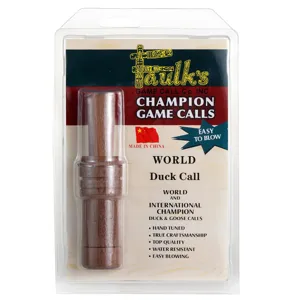 Detailed view of the handcrafted wooden duck call in clear blister packaging showing quality.