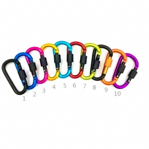 Detailed view of colorful aluminum alloy D-shaped carabiners showing all ten color options.