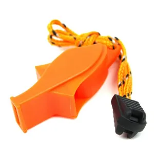 Orange plastic dolphin whistle for outdoor survival, emergency rescue with lanyard and cord lock.