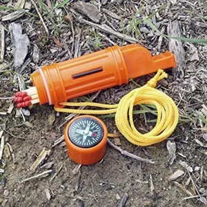 Sifflet de survie multifonctionnel 5 en 1 avec boussole et étanche boîte d'allumettes.