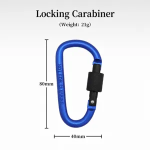 Blue aluminum locking carabiner D-ring clip, 80mm x 40mm detailed view for outdoor gear.