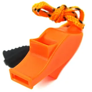 High-decibel plastic dolphin whistle with lanyard for outdoor survival, emergency, and hiking use.