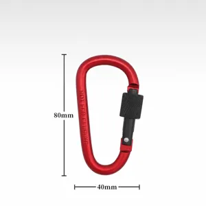Detailed view of red aluminum alloy locking carabiner with screw lock and 80mm compact size.