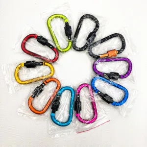 Colorful aluminum alloy D-shaped locking climbing carabiners set, durable outdoor hiking gear.