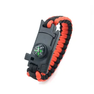 Braccialetto di sopravvivenza in paracord con bussola e fischietto, nero rosso tattico.