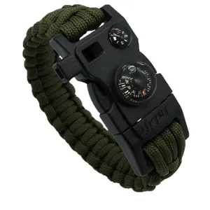 Bracelet de survie en paracorde d'extérieur avec boussole et sifflet, vert militaire.