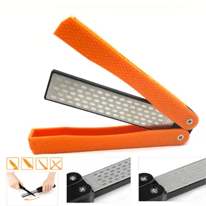 Portable double-sided folding diamond knife sharpener with orange handle for outdoor kitchen