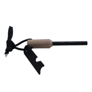 Outdoor survival fire starter detail view with wooden handle and black magnesium rod.
