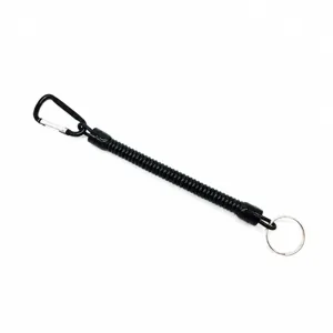 Cordón de resorte negro con mosquetón y llavero, correa de seguridad retráctil.