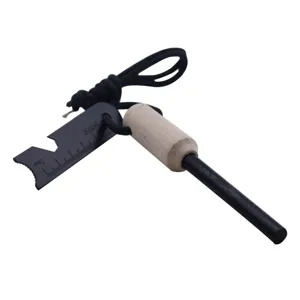 Outdoor survival fire starter magnesium rod with wooden handle and multi-tool metal scraper.