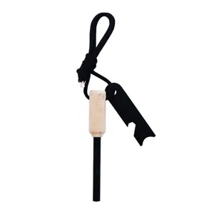 Survival fire starter with wooden handle, black paracord lanyard and multi-tool scraper.