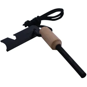Outdoor survival fire starter magnesium rod detail view with wooden handle and scraper