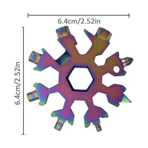 Detailansicht des bunten Titan-Schneeflocken-Multitools, kompakte Größe und präzises Design.