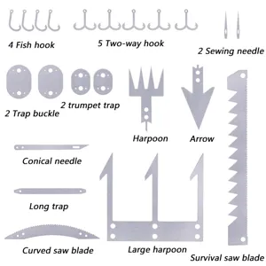 Outdoor multi-function survival fishing hook card tool set detail view showing various components
