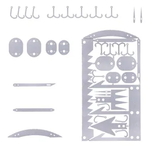 Outdoor multi-functional fishing tool card emergency survival gear detail view display.