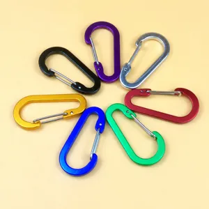 Detailed view of multiple colorful size 6 aluminum alloy carabiner spring wire clips and hooks.