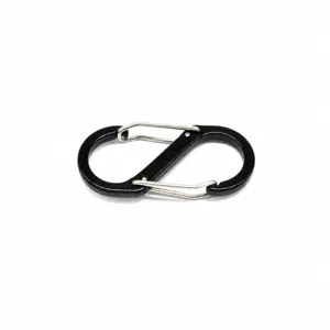 Detailed view of the black S-shaped carabiner metal double buckle hook for EDC gear.