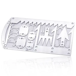 Detailed view of the multi-functional outdoor survival fishing hook card, showing precision metal cutouts.