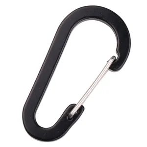 Detailed view of black flat wire carabiner buckle, ideal for paracord lanyards and bags.