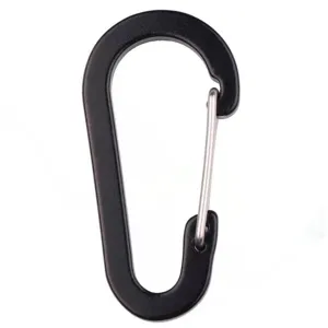 Detailed close-up of the black flat wire carabiner, highlighting the durable spring gate mechanism.
